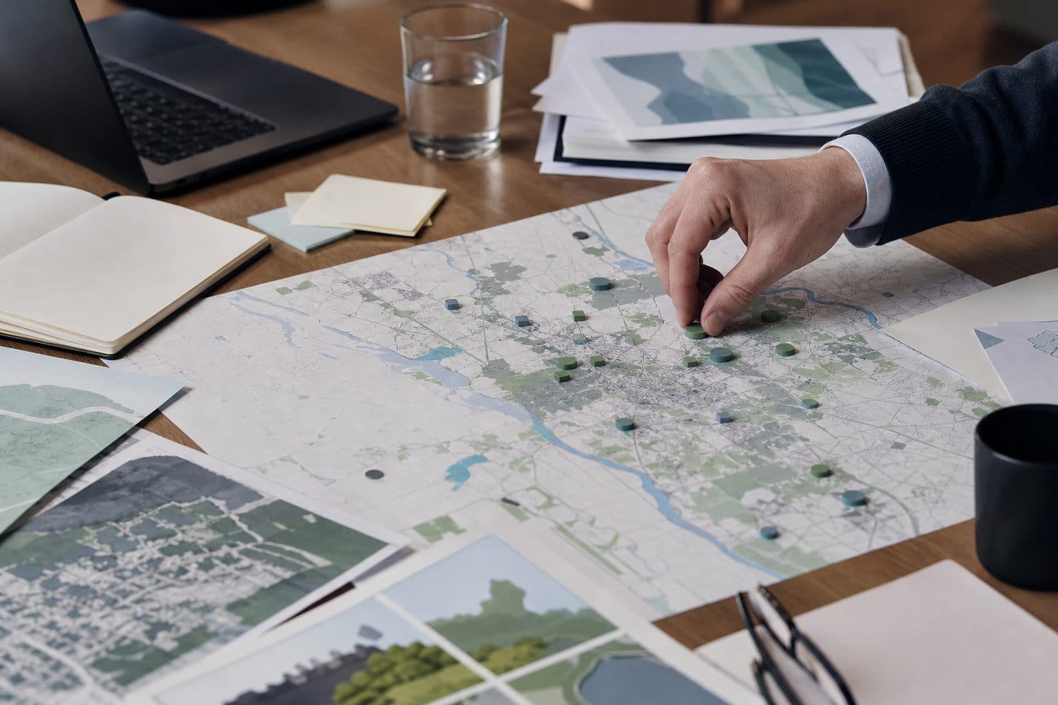 Strategische kaart met markers en werkdocumenten